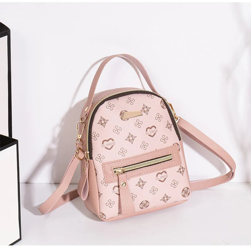 Women's Mini Backpack PU Leather Geometric Print 3-Way Carry Daypack