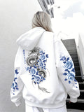 Japanese Tokyo Blue Rose Dragon Print Hoodie
