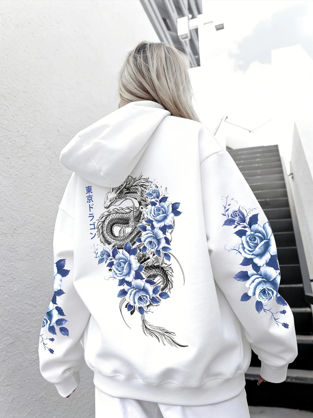 Japanese Tokyo Blue Rose Dragon Print Hoodie
