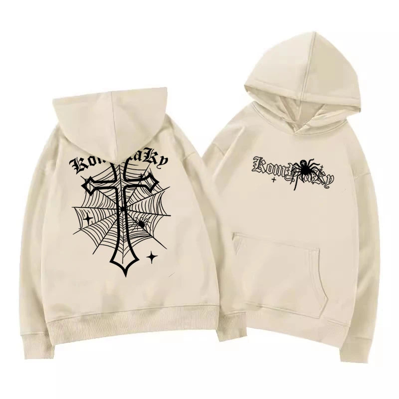 Spiderweb Cross Print Pullover Hoodie