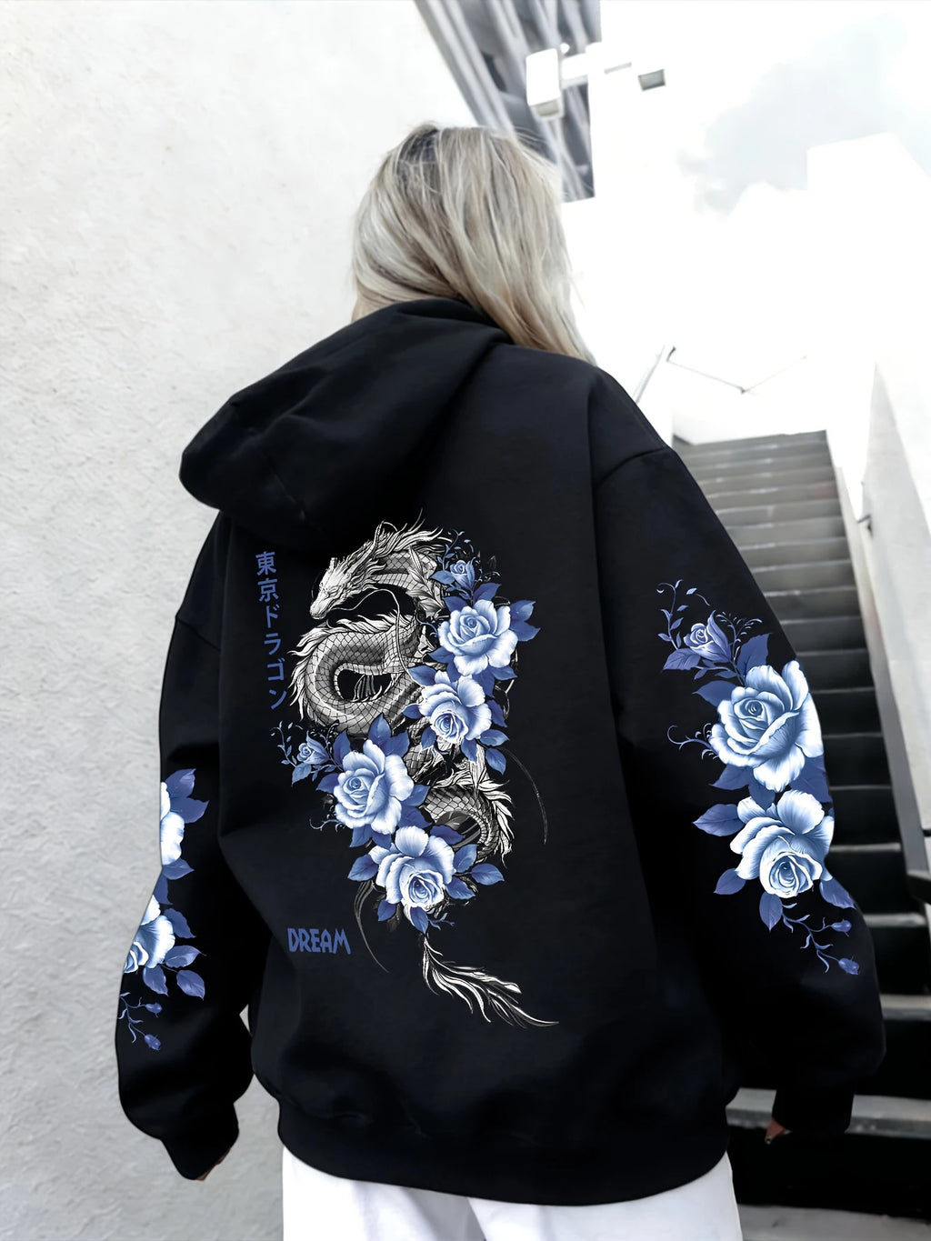 Japanese Tokyo Blue Rose Dragon Print Hoodie