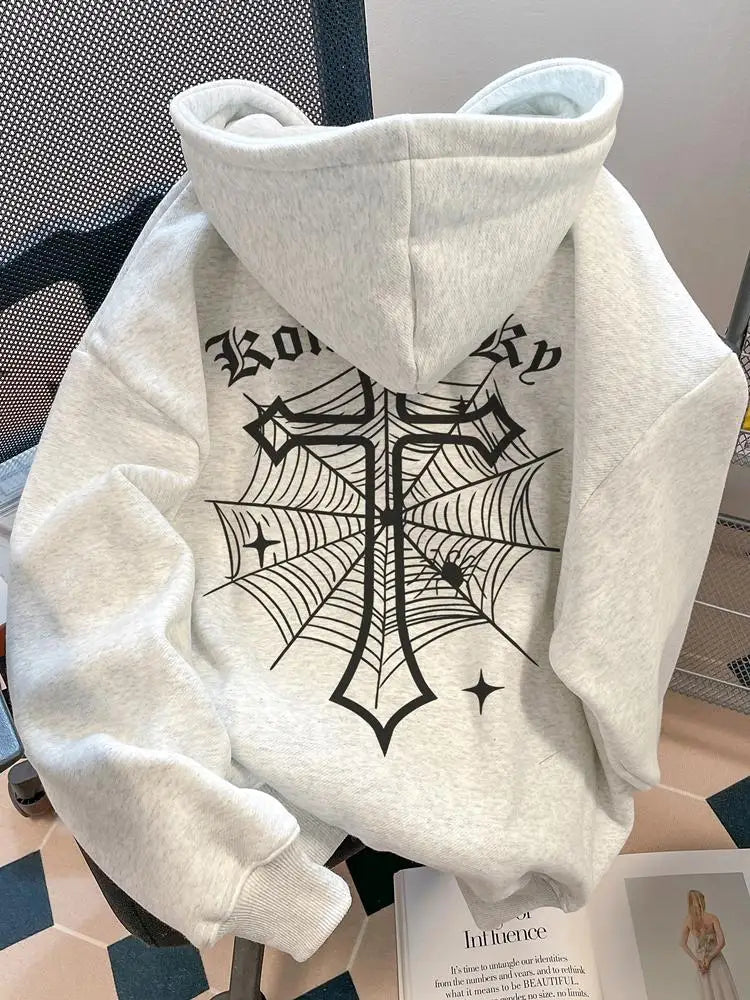 Spiderweb Cross Print Pullover Hoodie