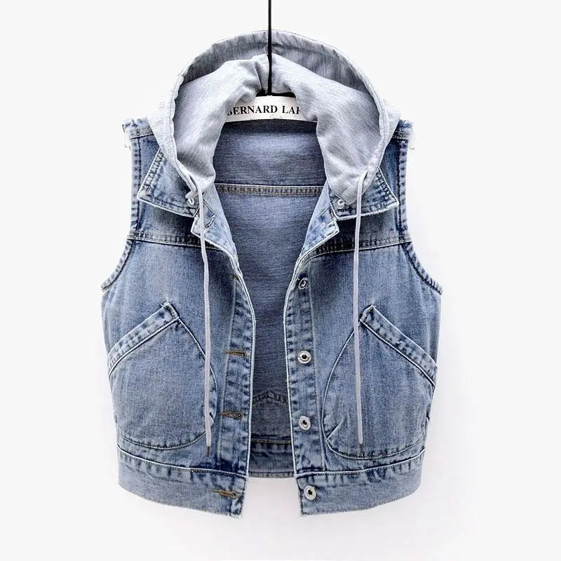 Women's Hooded Sleeveless Denim Vest