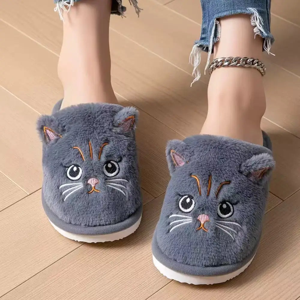 Women's Fuzzy Cat Face Plush Slippers