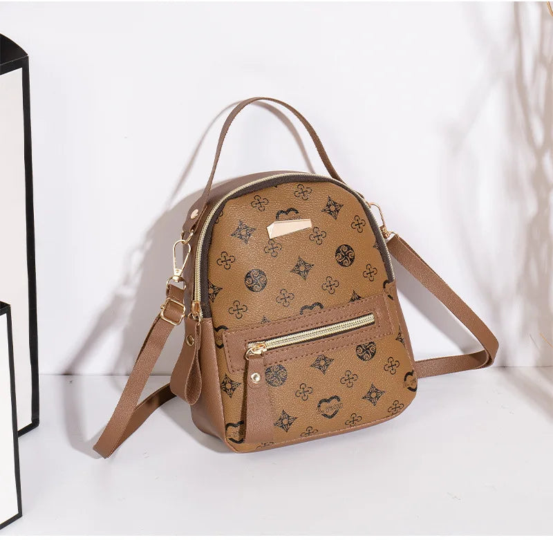 Women's Mini Backpack PU Leather Geometric Print 3-Way Carry Daypack