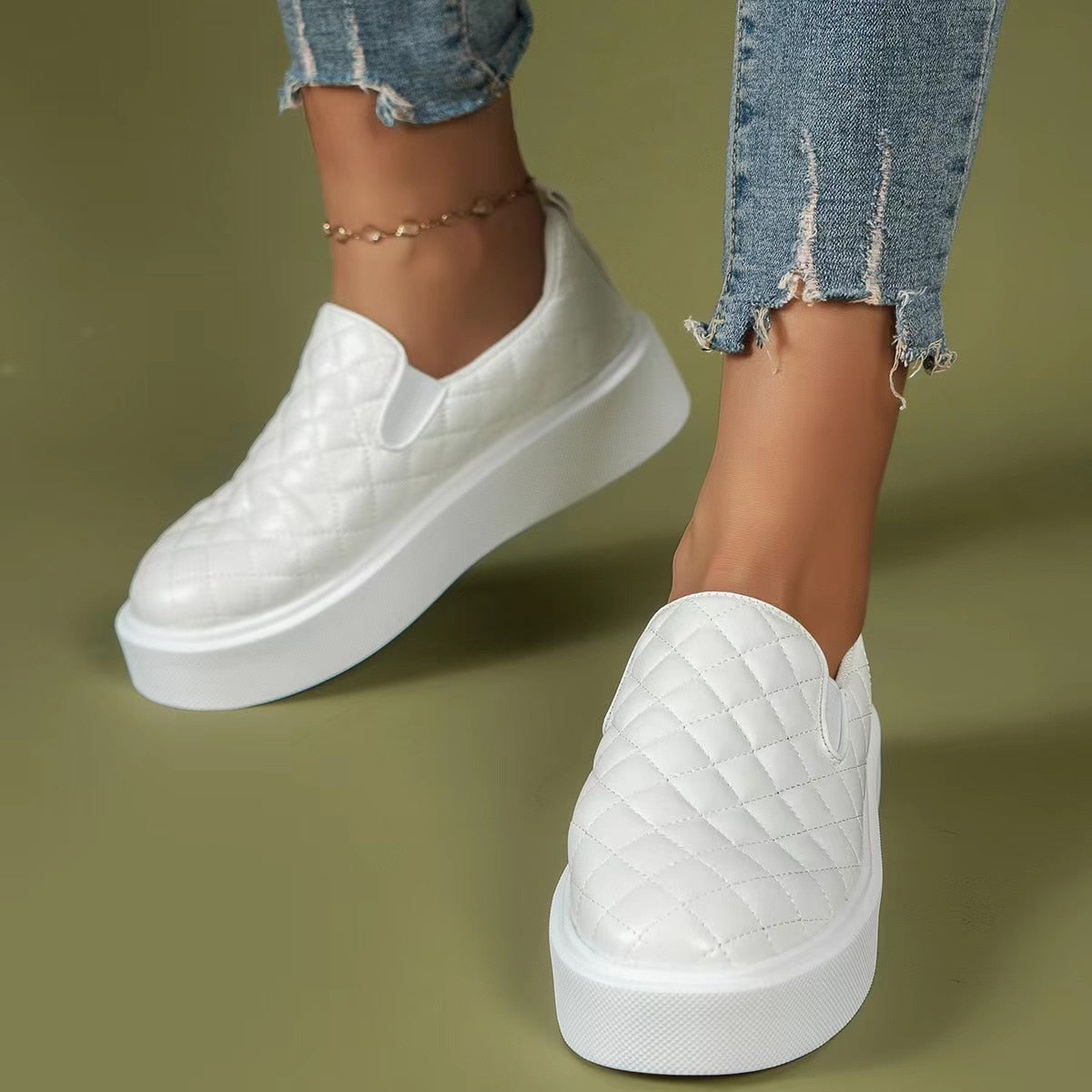 Slip-on Casual Platform Shoes Lightweight Flats Loafers Black/White