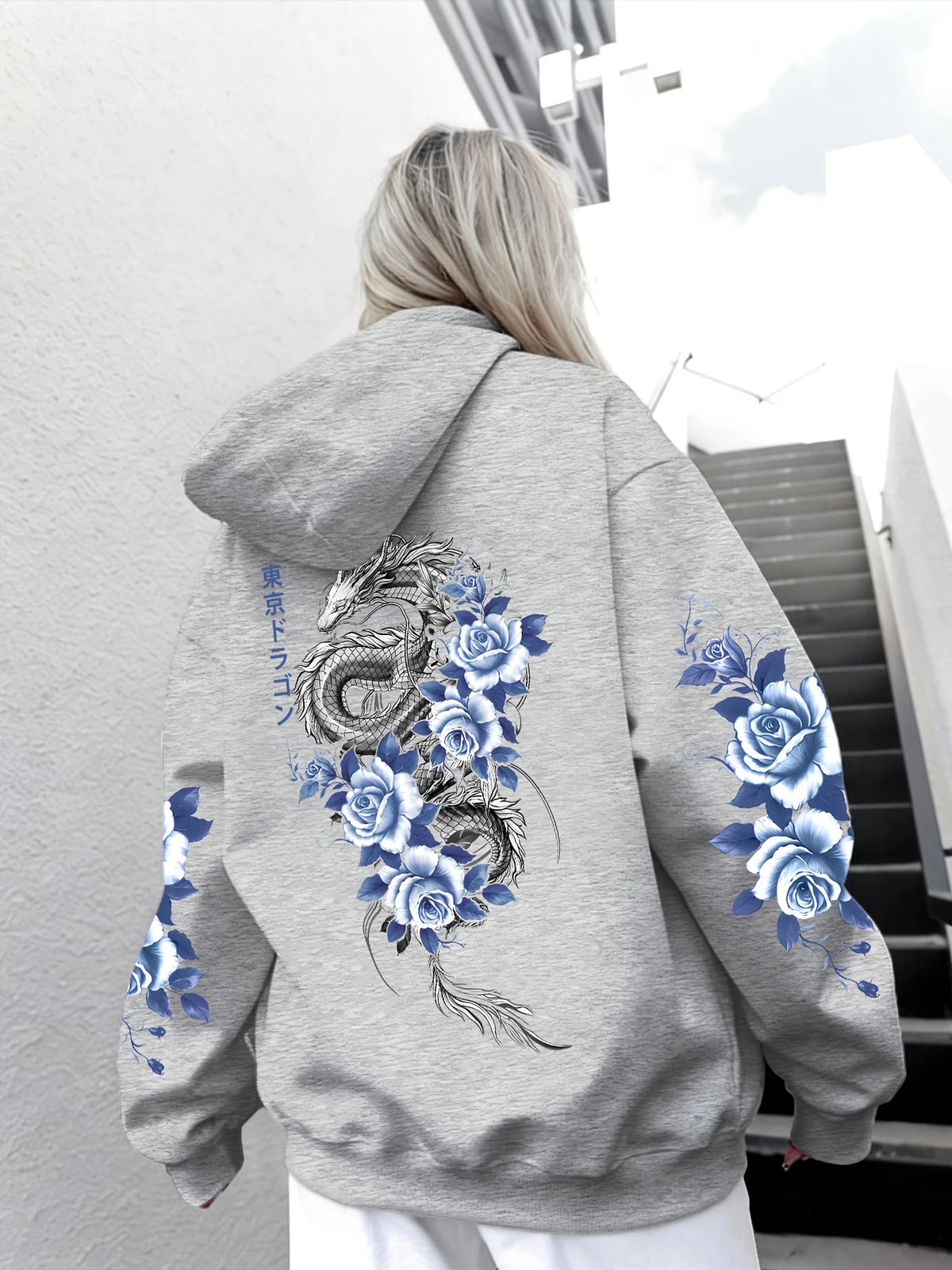 Japanese Tokyo Blue Rose Dragon Print Hoodie