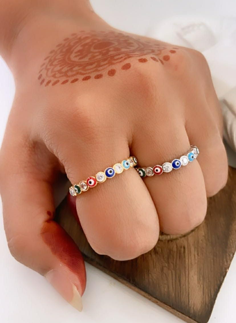 Adjustable Multicolour Minimalist Slim Stacking Evil Eye Band Ring