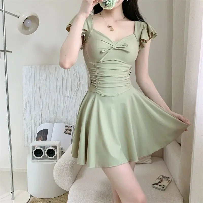 Women Skirted Swimdress Short Sleeve Tummy Control Swimsuit With Padding Slimming Hot Spring Bathing Suit
