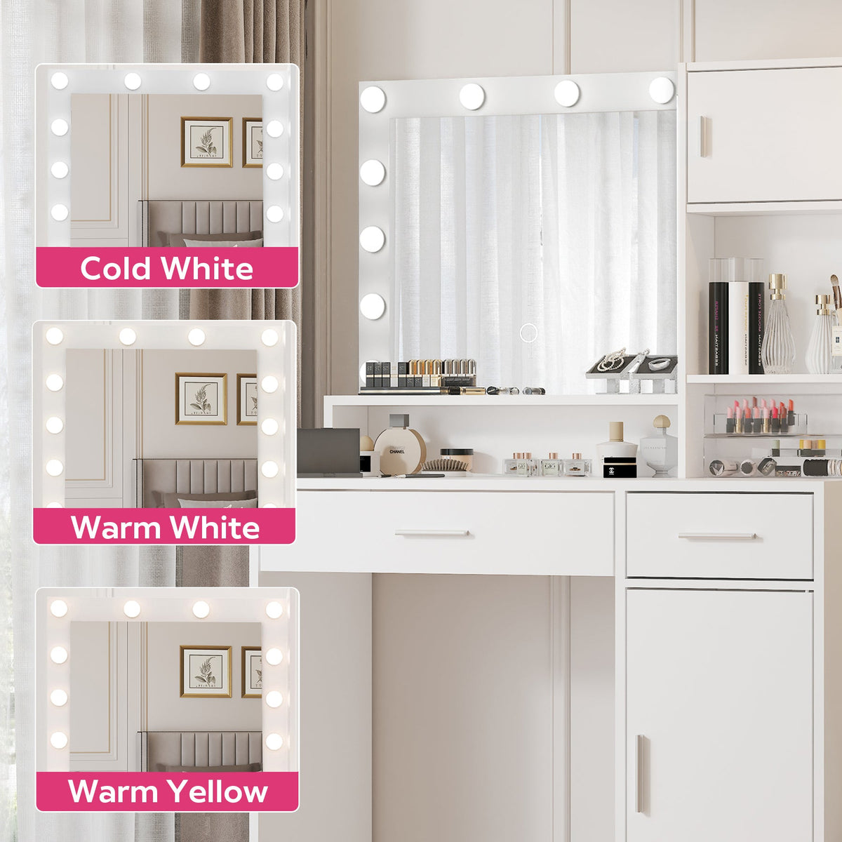 White Vanity Table with Dimmable Lighted Mirror, Storage Drawer and