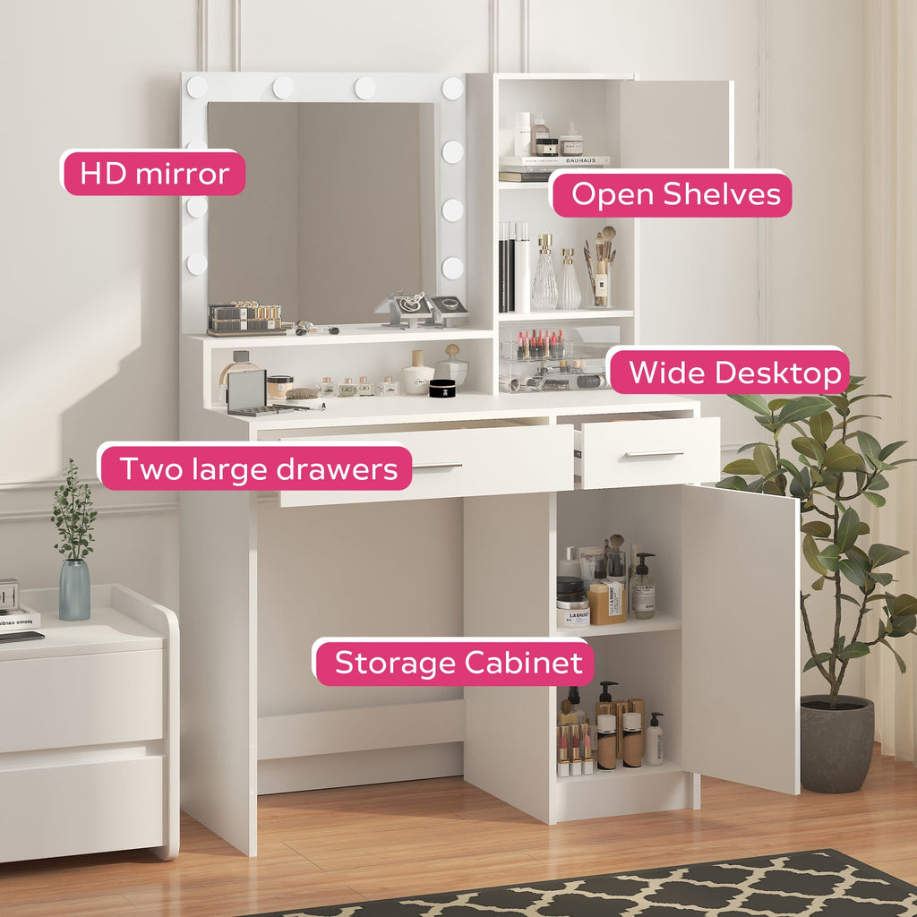 White Vanity Table with Dimmable Lighted Mirror, Storage Drawer and