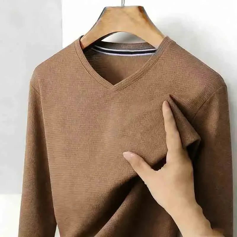 Men's Brown V-neck Long Sleeve Shirt Casual Business Commute Top for Office