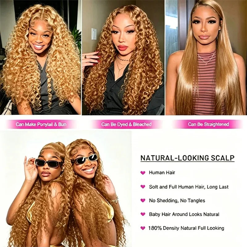 34 38Inch Honey Blonde Wig Human Hair Deep Wave 13x6 HD Lace Frontal Wig 230 Density Preplucked #27 Colored Curly Lace Front Wig