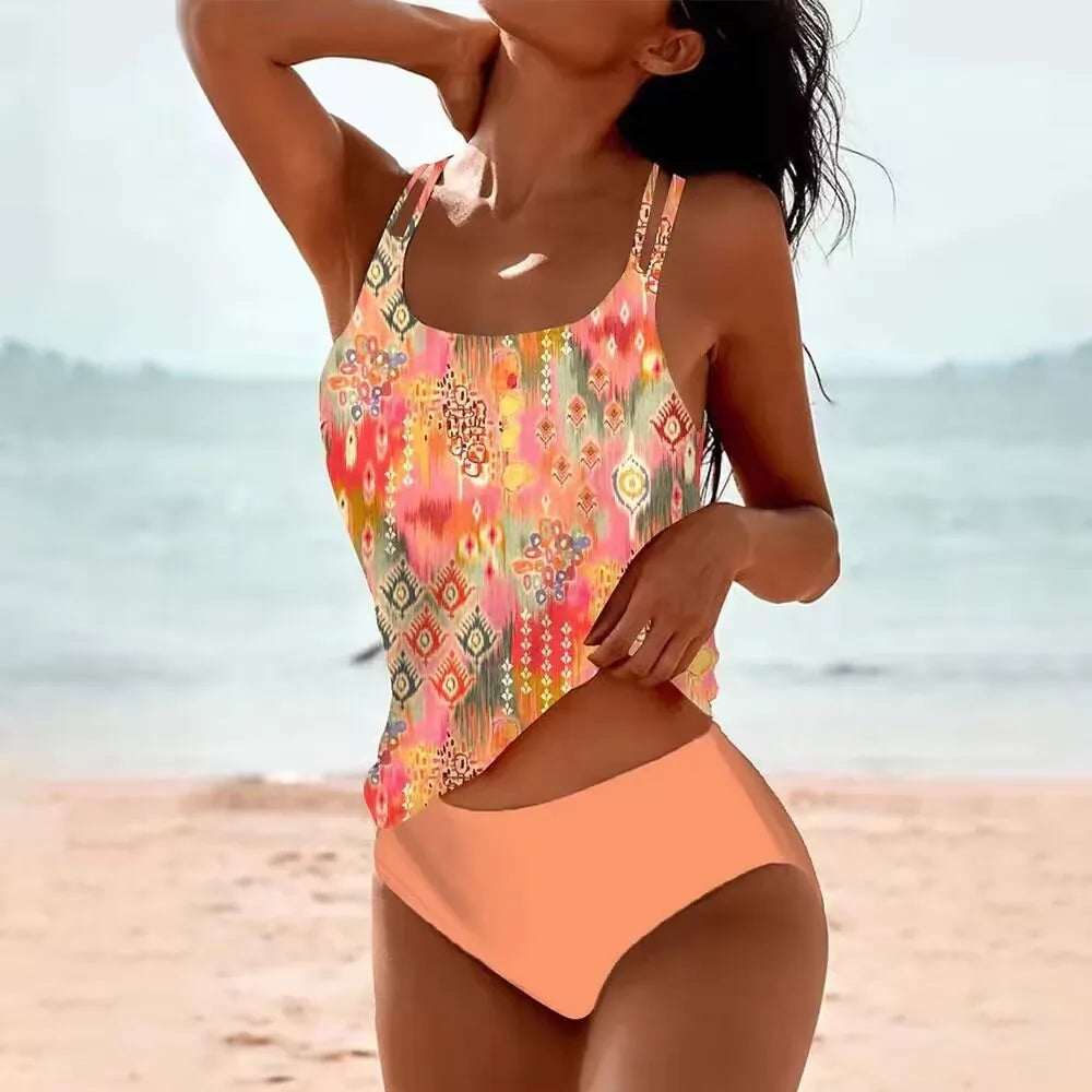 Women's Summer Modest Swimwear Sleeveless High Waist Stretchy Tankini Bathing Suits for Swimming Dames with Floral Print