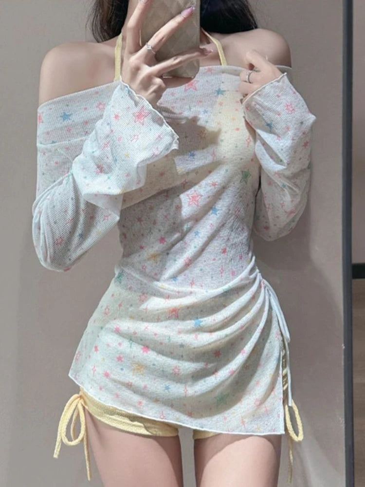 Summer Women's Long Sleeve Bikini Set Korean Fashion Sweet Girl Swimsuit Slimming Beach Bathing Suit with Mesh Cover Up