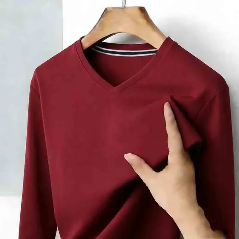 Men's Brown V-neck Long Sleeve Shirt Casual Business Commute Top for Office