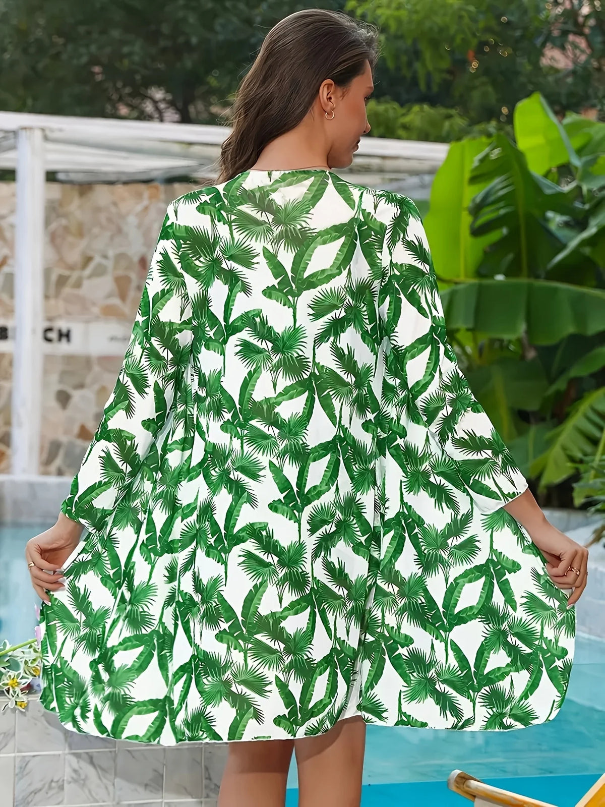 Green Leaf Print Swimwear Set, Ruched Cami + Shorts + Sun Protection Kimono