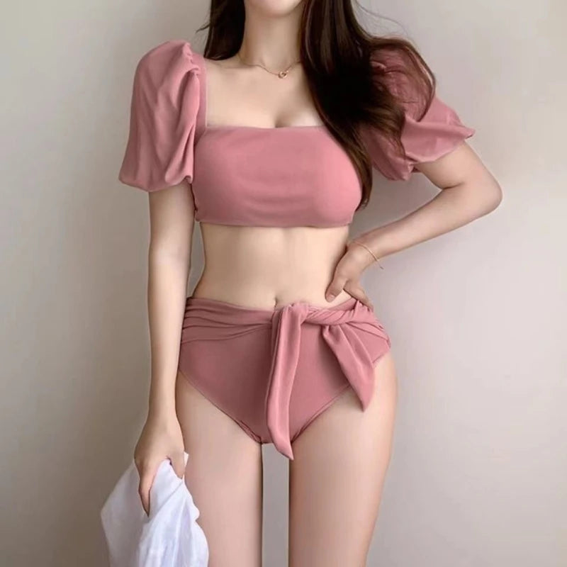 Women's Pink Bubble Sleeve Bikini Set High Waist Tie Bow Swimsuit Two Piece Bathing Suit Summer Beachwear