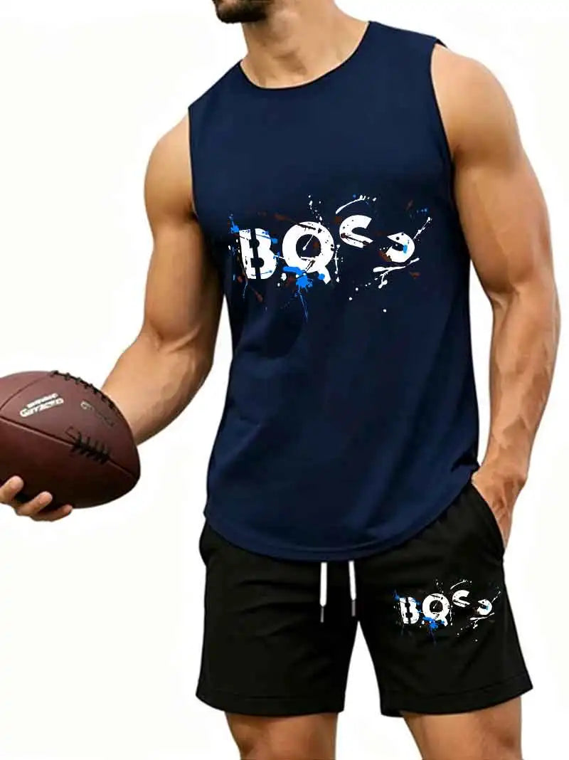 Men's Graffiti Letter Print 2-Piece Tracksuit, Sleeveless Muscle Tank Top with Drawstring Shorts, Casual Urban Sportswear