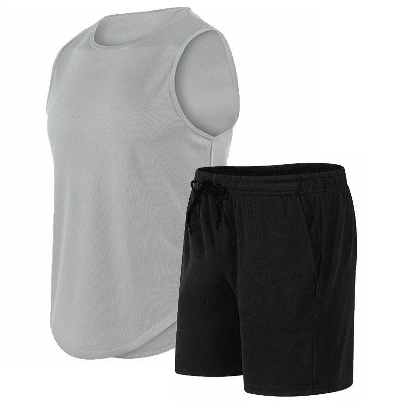 Summer New Men's Fashionable Breathable Speed Drying Sleeveless Round Neck T-shirt Set Outdoor Running Sportswear