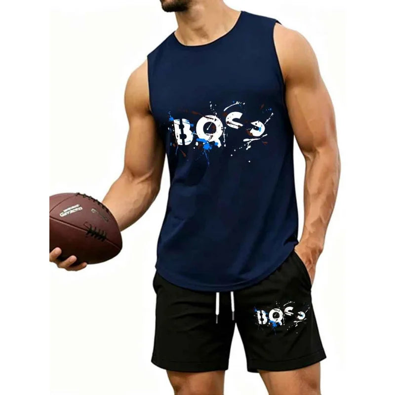 Men's Graffiti Letter Print 2-Piece Tracksuit, Sleeveless Muscle Tank Top with Drawstring Shorts, Casual Urban Sportswear
