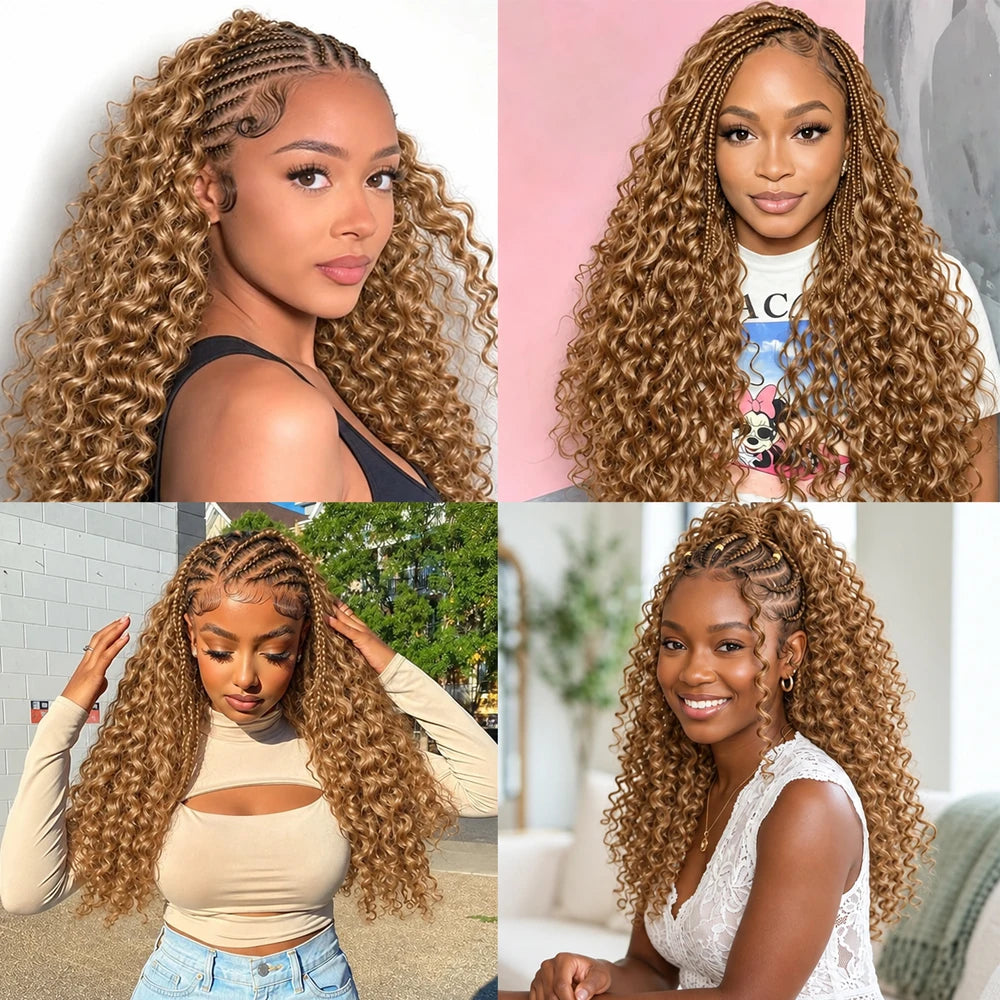 Deep Wave Crochet Hair #27 Color Human Hair Extensions Feather Miracle Knots Pre Separated Knotless Braiding Hair With String Soft Natural Curls Boho Crochet Braids Lightweight Reusable Hair For Women