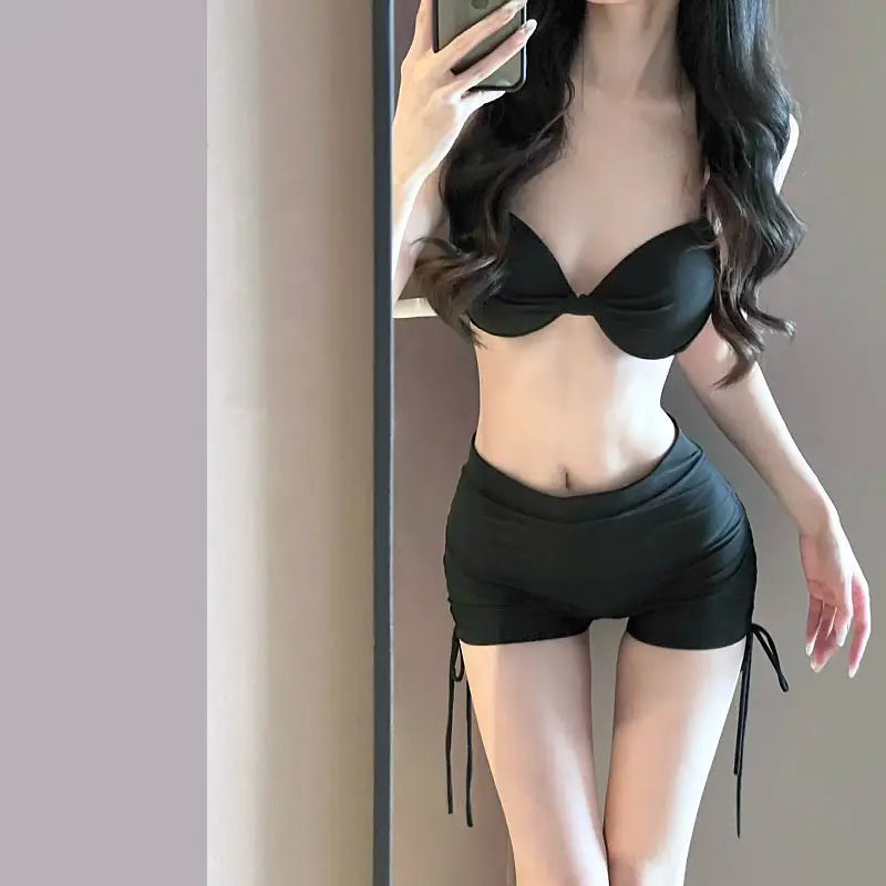 Women's Black Bikini Set Sexy Long Sleeve Cover Up Two Piece Swimsuit Elegant Beachwear