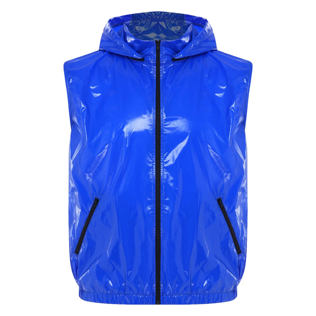 Mens Waterproof Sportwear Tracksuit Front Zipper Sleeveless Hooded Vest with Shorts Built-in Briefs for Gyms Fitness Workout