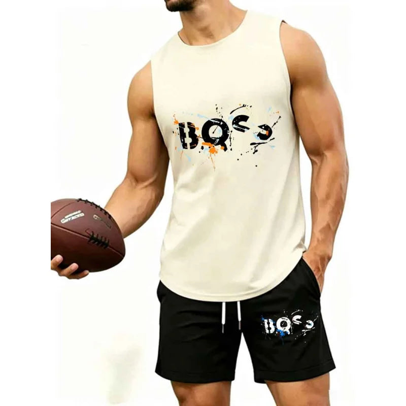 Men's Graffiti Letter Print 2-Piece Tracksuit, Sleeveless Muscle Tank Top with Drawstring Shorts, Casual Urban Sportswear