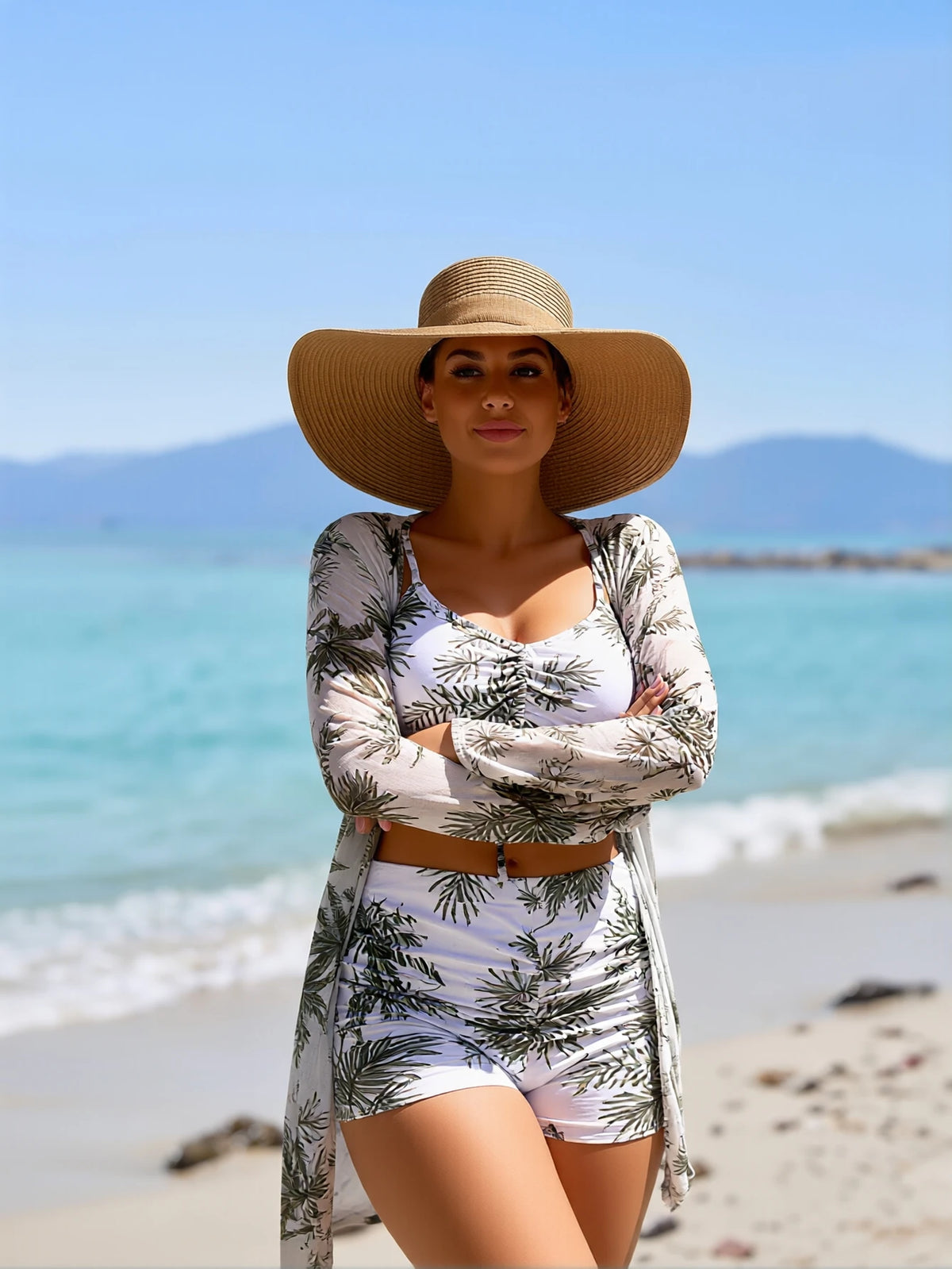 Pink Abstract Swirl Print 3 Piece Bikini Set, Front Tie Cami Crop Top High Waist Shorts Long Sleeve Kimono Cover Up