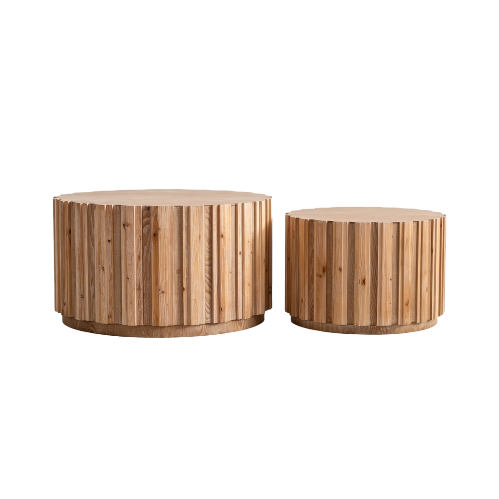 Round Nesting Coffee Tables with Slatted Bases and Wood Look Finish,