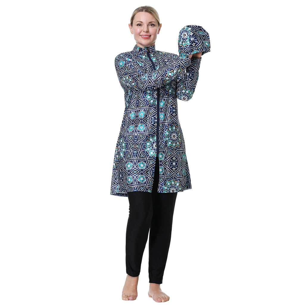 H1024 Muslim Women Fullcoverage Long Sleeves Cover Up Burkinis Three Pieces Plus Size Printing Swimwear Suits