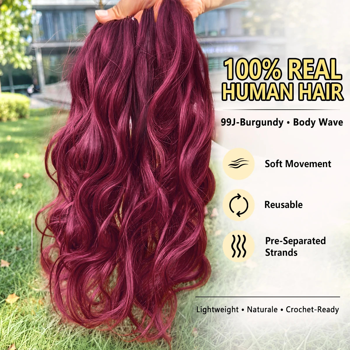 Burgundy 99J Short Body Wave Crochet Human Hair Miracle Knots Feather Knotless Pre Separated Invisible Braiding Hair Extensions Boho Protective Style Soft Natural Lightweight Reusable DIY Salon For Women