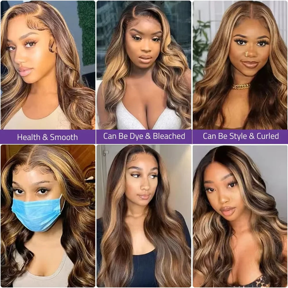 High Inch P4/27 Highlight Ombre Brown 13x6 HD Lace Frontal Wig Honey Blonde Colored 13x4 HD Lace Front Human Hair Wigs For Women Body Wave Pre Plucked 4/27 Ombre Blonde Lace Front 200 Density
