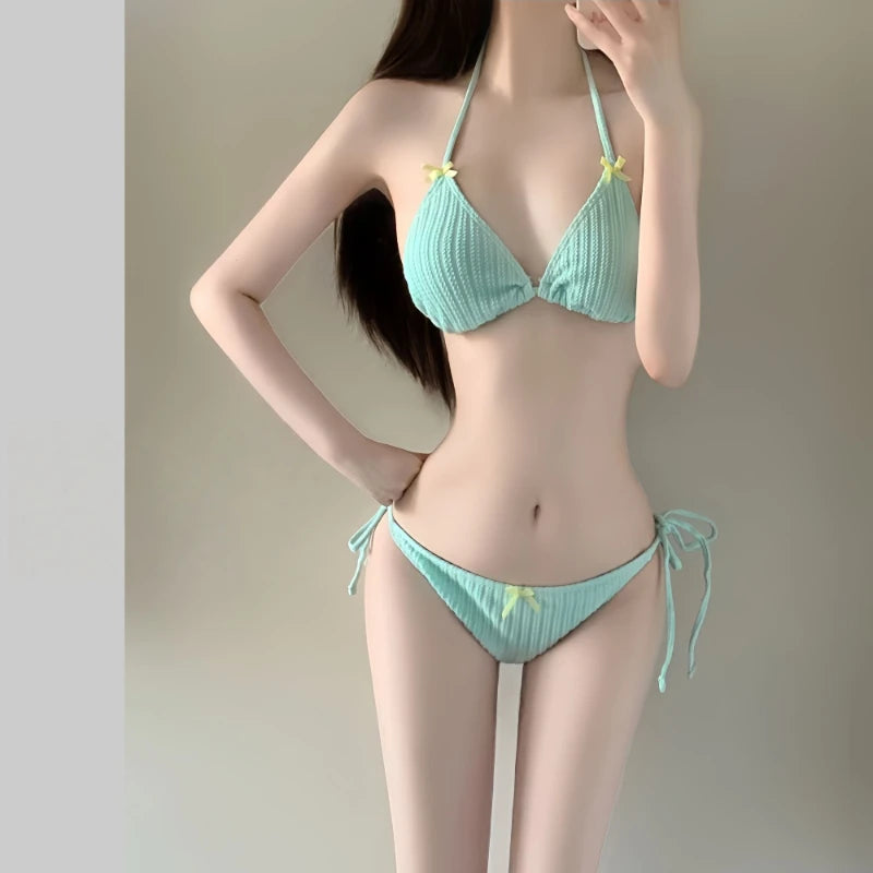 Summer Women's Long Sleeve Bikini Set Korean Fashion Sweet Girl Swimsuit Slimming Beach Bathing Suit with Mesh Cover Up