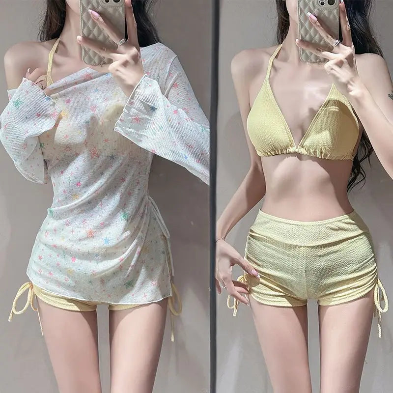 Summer Women's Long Sleeve Bikini Set Korean Fashion Sweet Girl Swimsuit Slimming Beach Bathing Suit with Mesh Cover Up