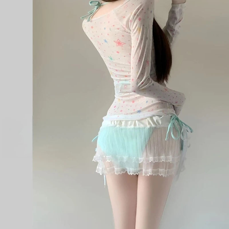 Summer Women's Long Sleeve Bikini Set Korean Fashion Sweet Girl Swimsuit Slimming Beach Bathing Suit with Mesh Cover Up