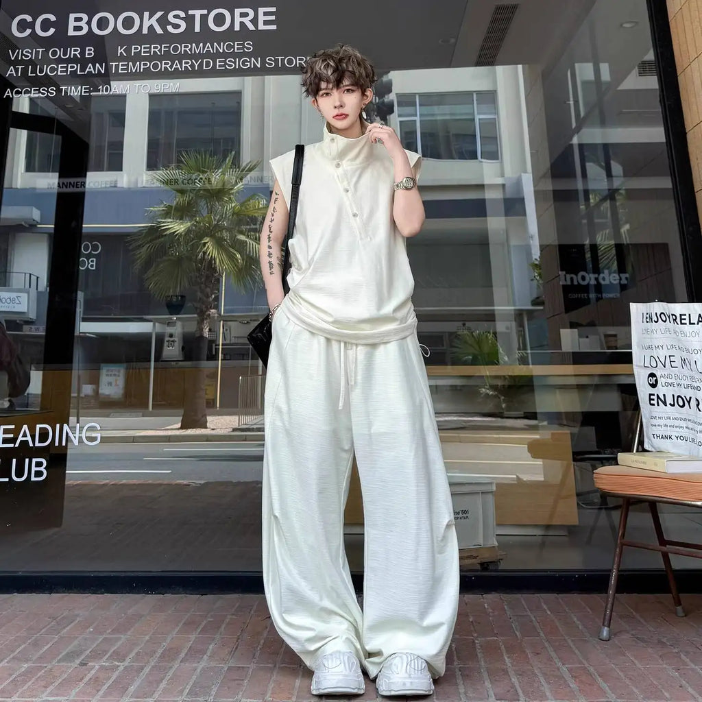 Men's High End Sleeveless Set Casual High Neck Button Detail Drawstring Waist Baggy Pants Minimalist Two Pieces Set 78O9