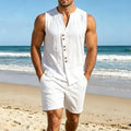 Men Simple Solid Linen Sleeveless Vest Shirt Shorts Set Summer Beach Casual Outfit