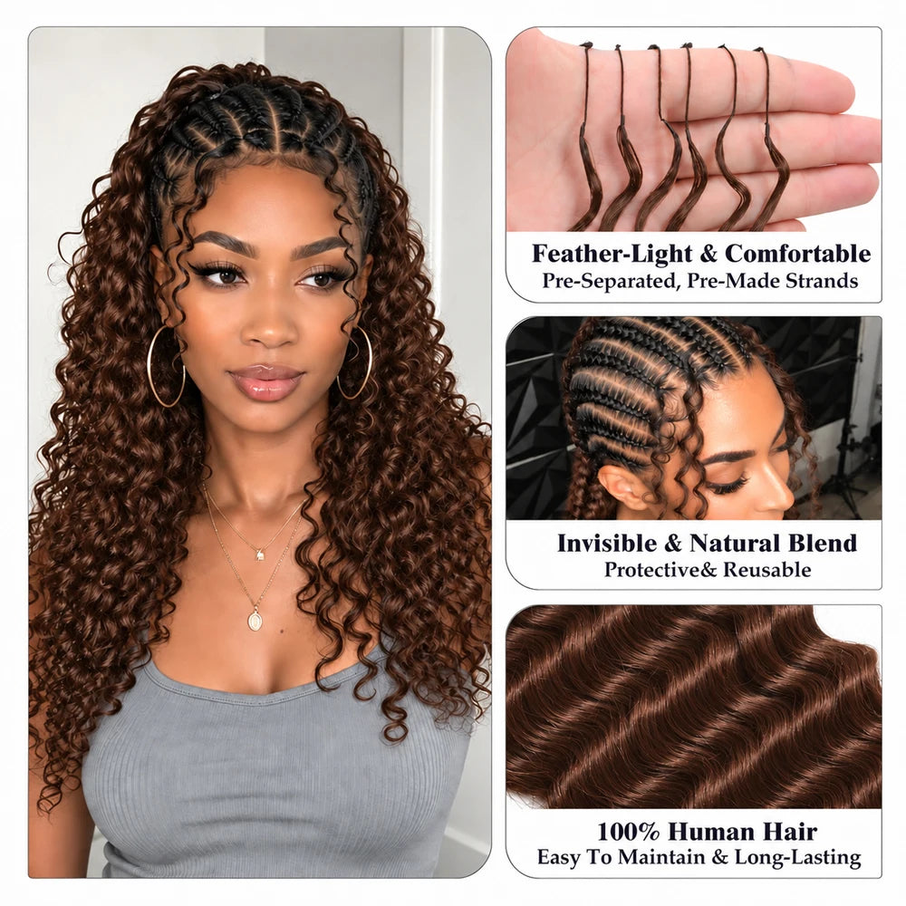 #4 Brown Deep Wave Crochet Human Hair Miracle Knots Feather Crochet Pre Separated Braiding Hair Virgin Remy Soft Natural Wavy Texture Lightweight Knotless Boho Protective Hairstyle For Women Hair Extensions