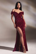 Off-Shoulder Sequin Slit Gown – Sweetheart Neckline Formal Dress