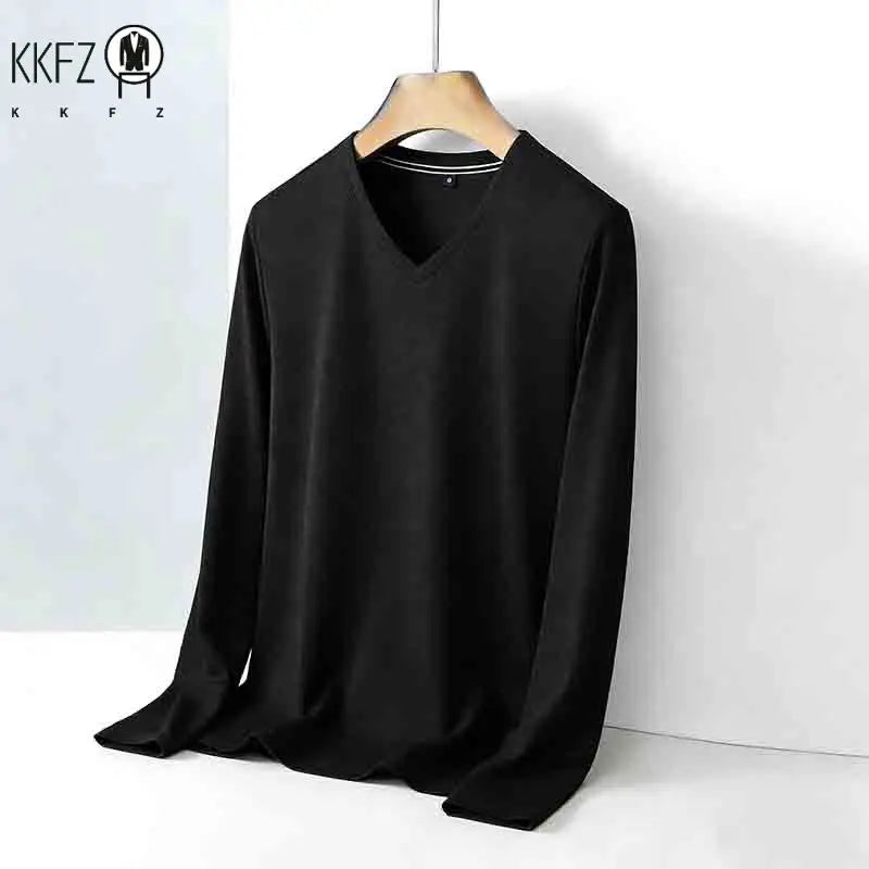 Men's Brown V-neck Long Sleeve Shirt Casual Business Commute Top for Office