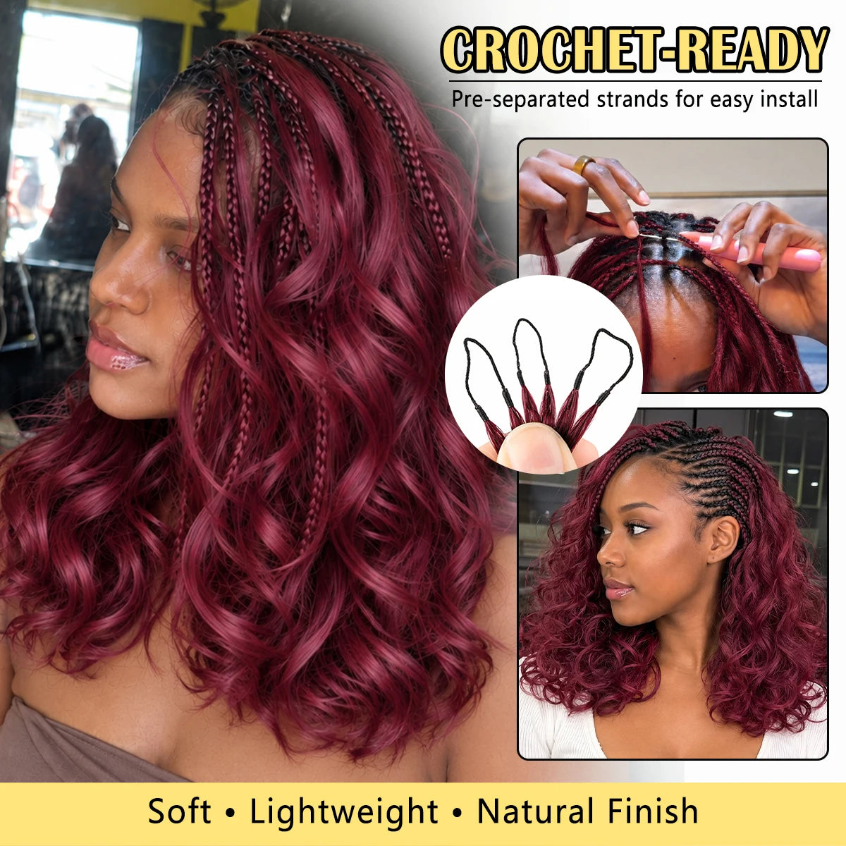 Burgundy 99J Short Body Wave Crochet Human Hair Miracle Knots Feather Knotless Pre Separated Invisible Braiding Hair Extensions Boho Protective Style Soft Natural Lightweight Reusable DIY Salon For Women