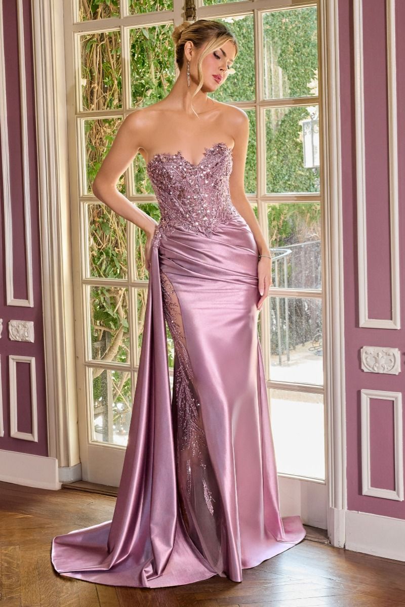 Sequins Embellished Long Graduation Gown with Corset Bodice & Side Drape