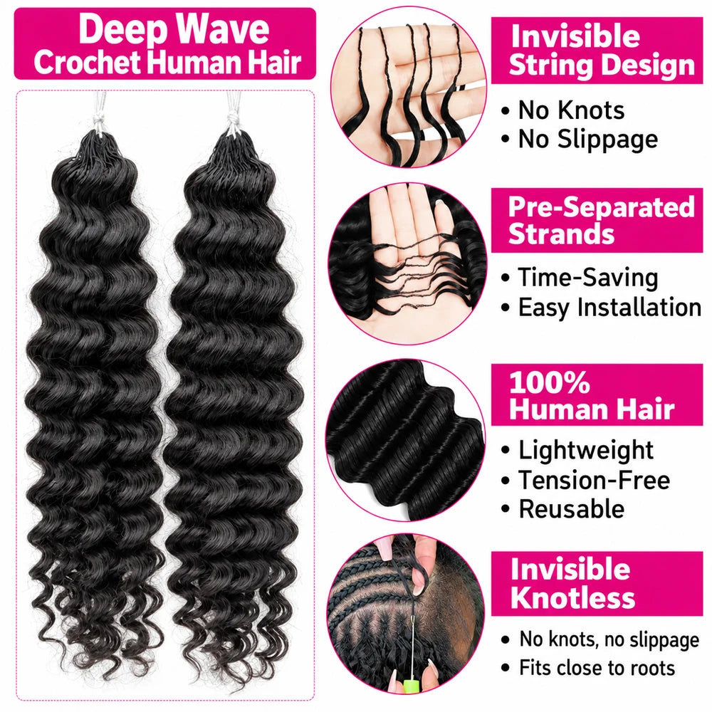 Miracle Knots Feather Deep Wave Crochet Human Hair Braiding Extensions Knotless Pre Separated Hair With String Soft Natural Curls Boho Crochet Braids Lightweight Comfortable Reusable 60g/60 Strands For Women