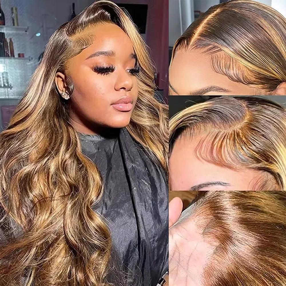 High Inch P4/27 Highlight Ombre Brown 13x6 HD Lace Frontal Wig Honey Blonde Colored 13x4 HD Lace Front Human Hair Wigs For Women Body Wave Pre Plucked 4/27 Ombre Blonde Lace Front 200 Density