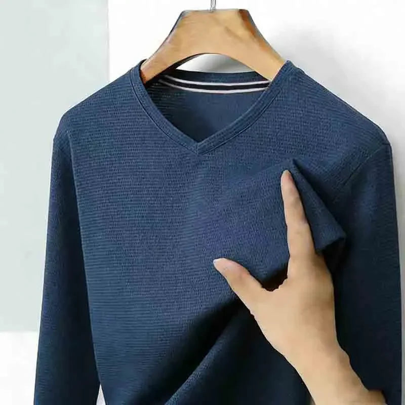 Men's Brown V-neck Long Sleeve Shirt Casual Business Commute Top for Office