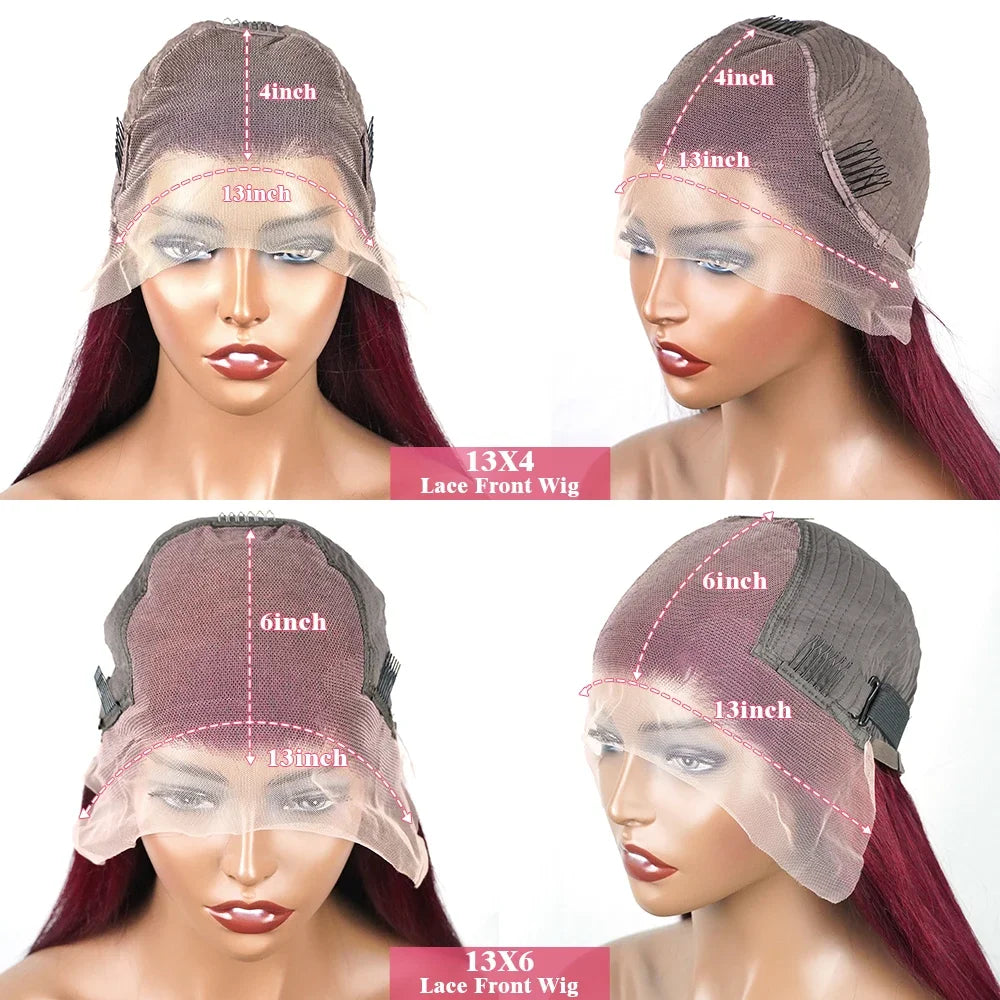 99J Burgundy 13X6 HD Transparent Lace Frontal Wigs 220% Density Remy Hair Straight Wig 46 Inch Pre Plucked With Baby Hair For Women