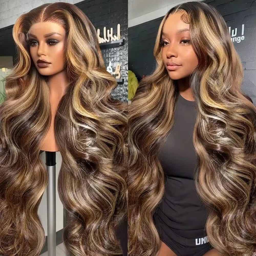 High Inch P4/27 Highlight Ombre Brown 13x6 HD Lace Frontal Wig Honey Blonde Colored 13x4 HD Lace Front Human Hair Wigs For Women Body Wave Pre Plucked 4/27 Ombre Blonde Lace Front 200 Density