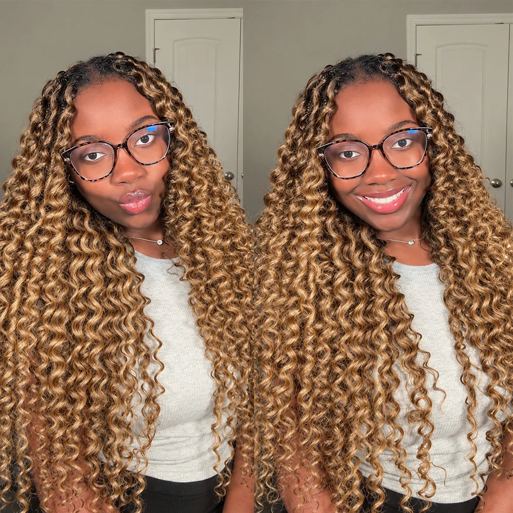 Deep Wave Crochet Hair #27 Color Human Hair Extensions Feather Miracle Knots Pre Separated Knotless Braiding Hair With String Soft Natural Curls Boho Crochet Braids Lightweight Reusable Hair For Women